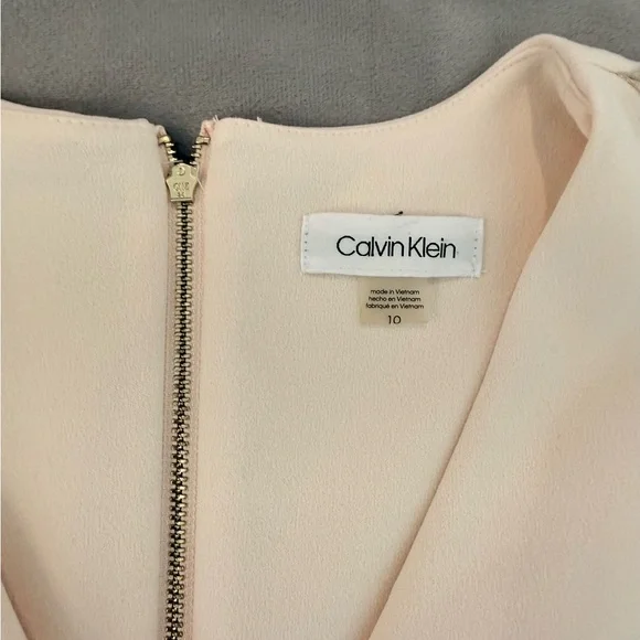 Calvin Klein Cream Fit & Flare V Neck Midi Dress with Striped Accents - Size 10 - Picture 2 of 9